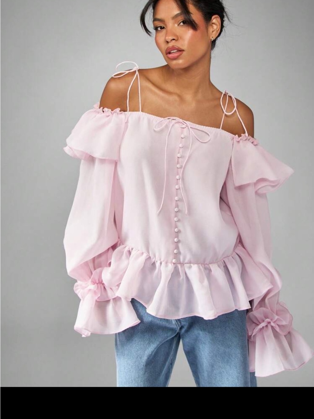 Missguided Light Pink Off-Shoulder Ruffle Peplum Blouse